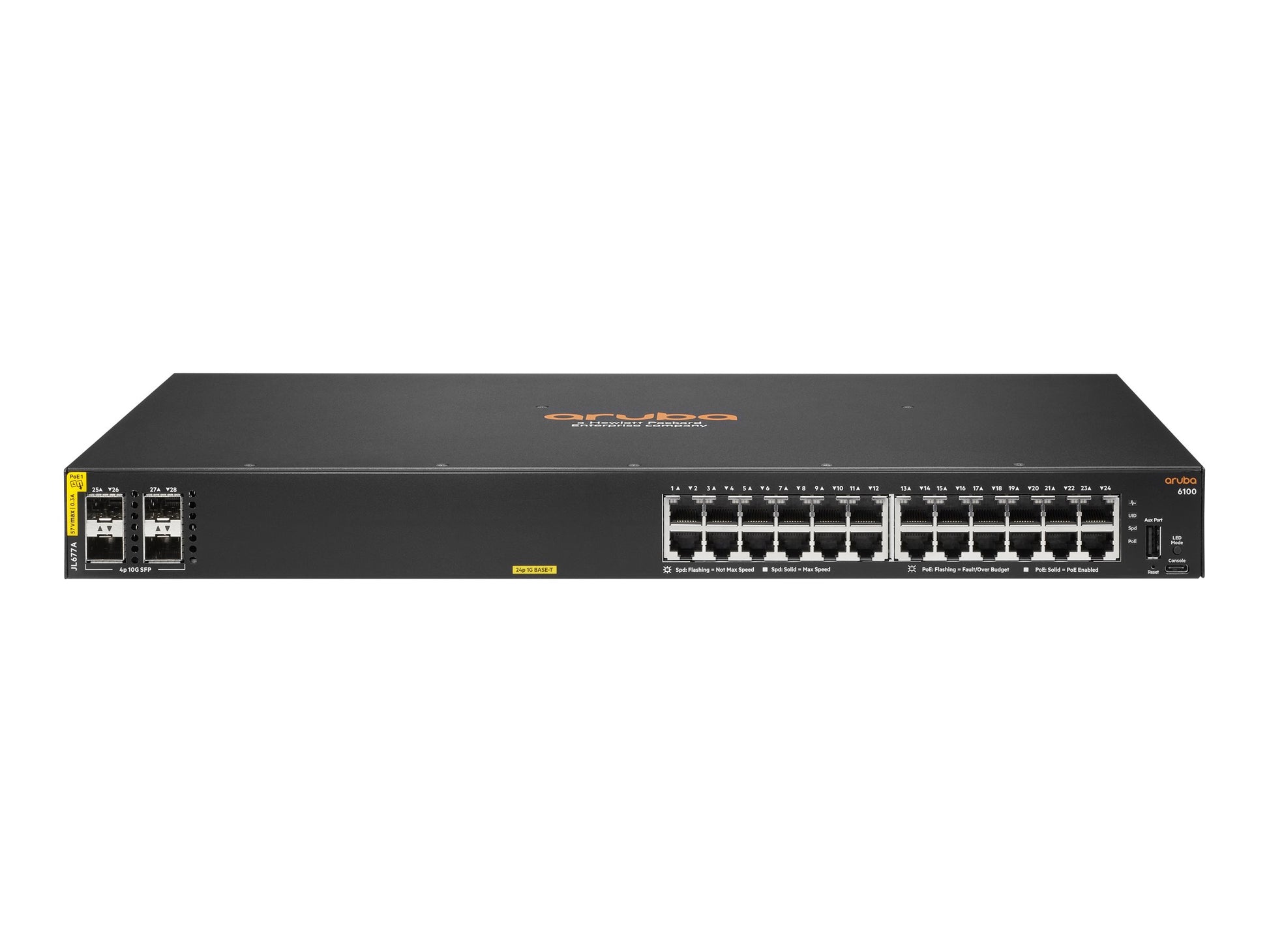 HPE Aruba 6100 24G Class4 PoE 4SFP+ - Conmutador - Gestionado - 24 x 10/100/1000 (PoE+) + 4 x 1 Gigabit / 10 Gigabit SFP+ - flujo de aire de lado a lado - montaje en rack - PoE+ (370 W)-8