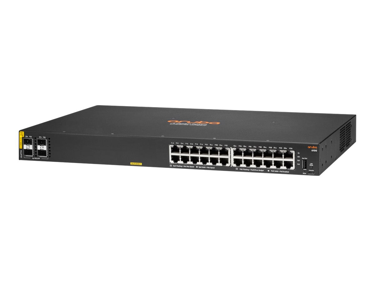 HPE Aruba 6100 24G Class4 PoE 4SFP+ - Conmutador - Gestionado - 24 x 10/100/1000 (PoE+) + 4 x 1 Gigabit / 10 Gigabit SFP+ - flujo de aire de lado a lado - montaje en rack - PoE+ (370 W)-6