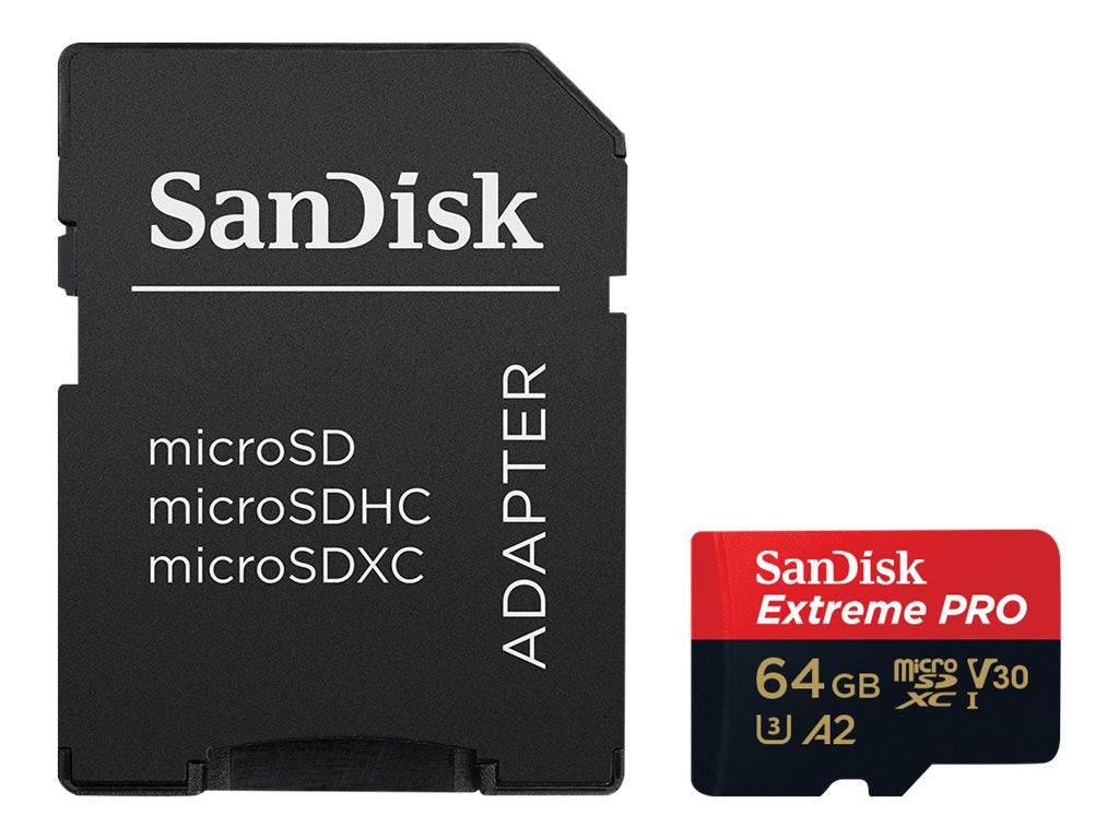 SanDisk Extreme Pro - Tarjeta de memoria flash (adaptador microSDXC a SD Incluido) - 64 GB - A2 / Video Class V30 / UHS-I U3 / Class10 - microSDXC UHS-I
