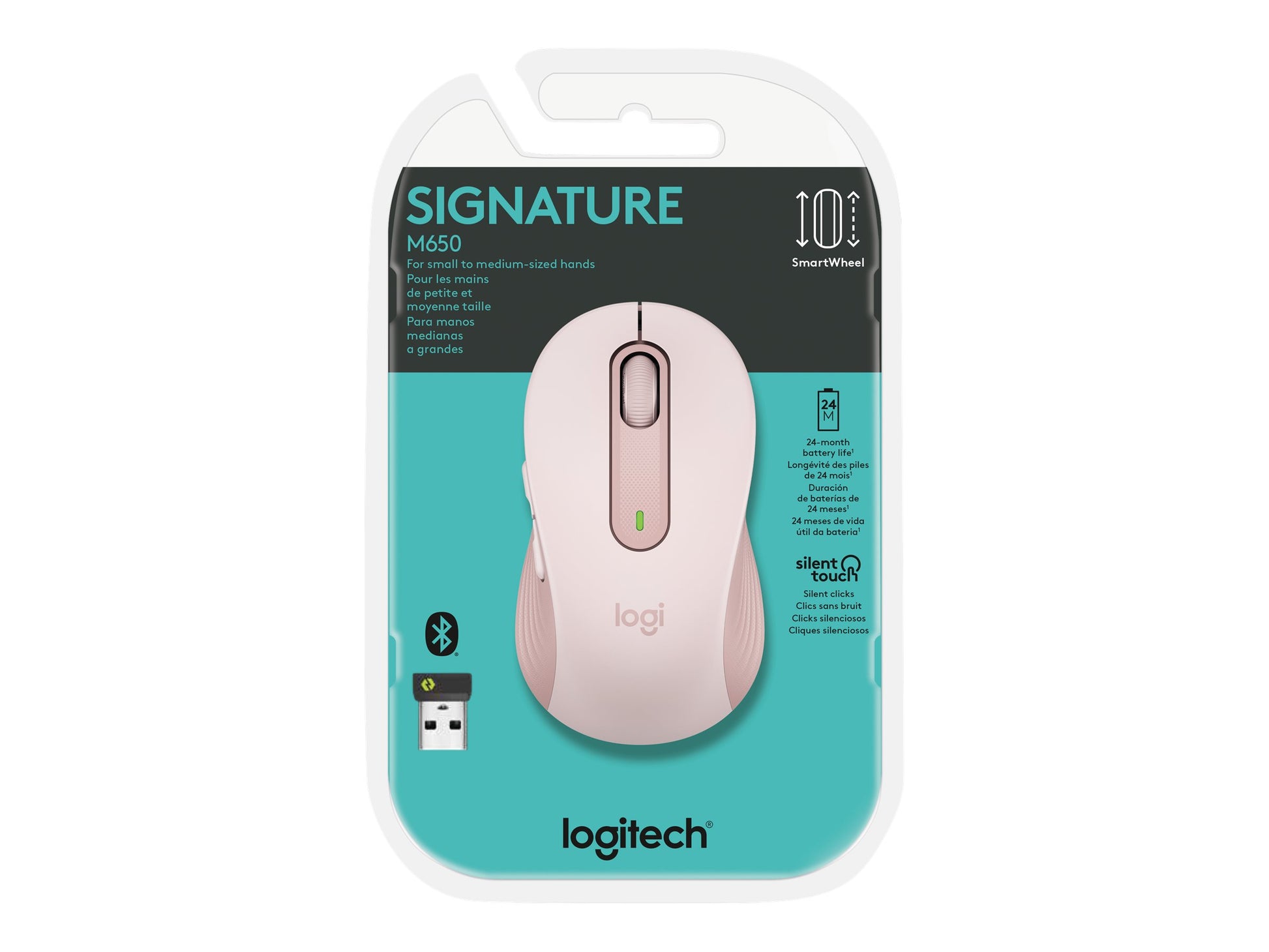 Logitech Signature M650 - Ratón - manos pequeñas - diestro y zurdo - inalámbrico - 2.4 GHz, Bluetooth - receptor de USB Logitech Logi Bolt - rosa-14