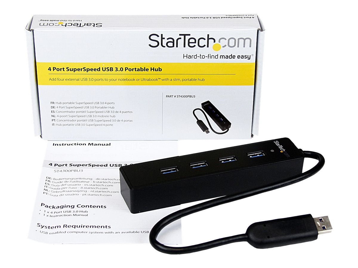 StarTech.com Adaptador Concentrador Hub Ladrón USB 3.0 Super Speed 4 Puertos Salidas Portátil para Laptop Ordenador - Negro - Hub - 4 x SuperSpeed USB 3.0 - sobremesa - para P/N: FCREADMICRO3, MSDREADU3CA-5