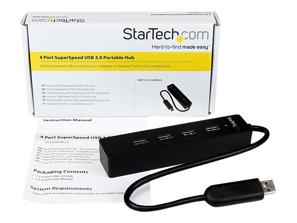 StarTech.com Adaptador Concentrador Hub Ladrón USB 3.0 Super Speed 4 Puertos Salidas Portátil para Laptop Ordenador - Negro - Hub - 4 x SuperSpeed USB 3.0 - sobremesa - para P/N: FCREADMICRO3, MSDREADU3CA-9