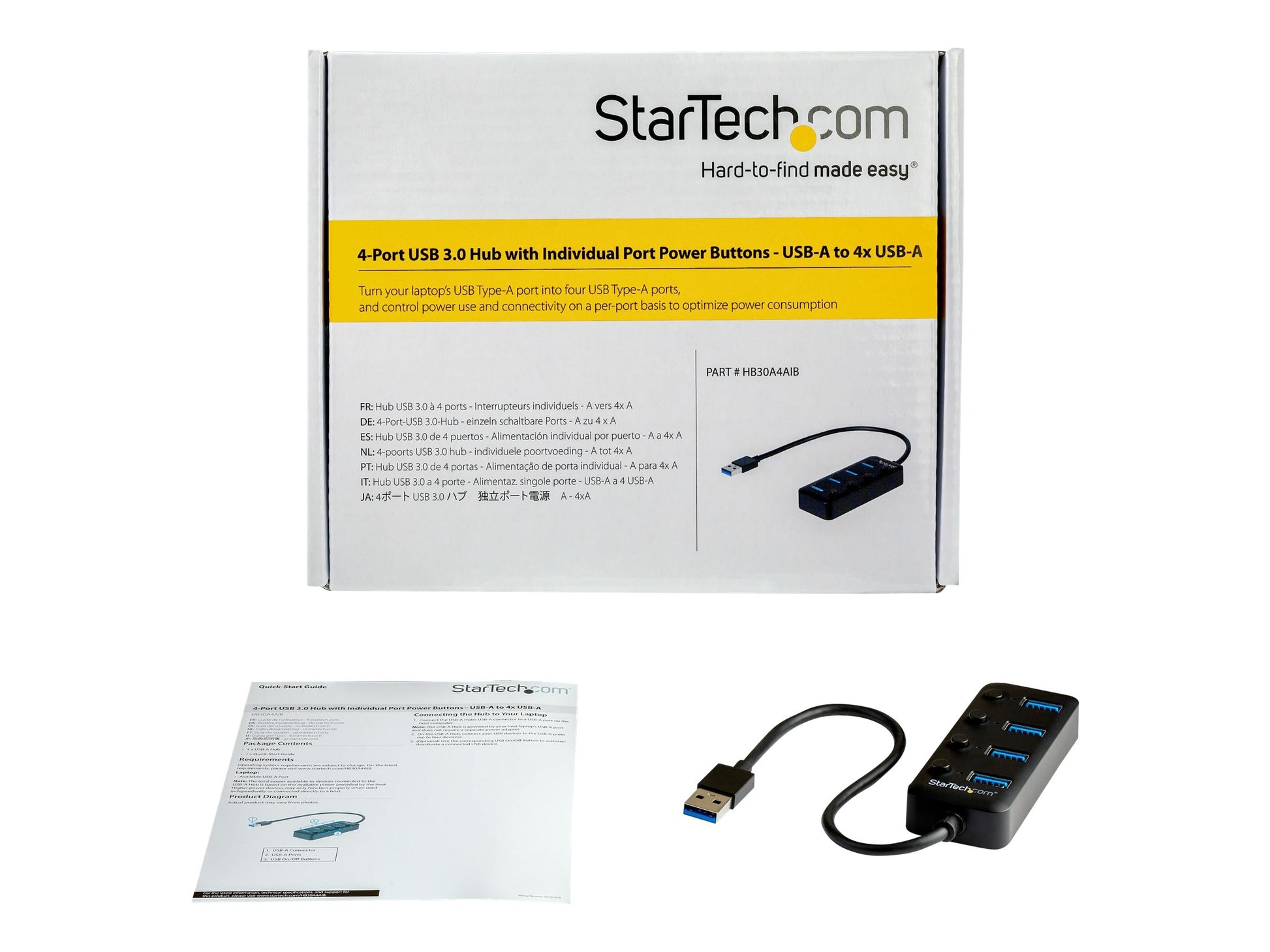 StarTech.com Hub USB 3.0 de 4 Puertos - Ladrón USB de 4 Puertos USB-A con Interruptores Individuales de Encendido/Apagado - Hub - 4 x USB 3.1 Gen 1 - sobremesa - para P/N: HB30C4AIB-2