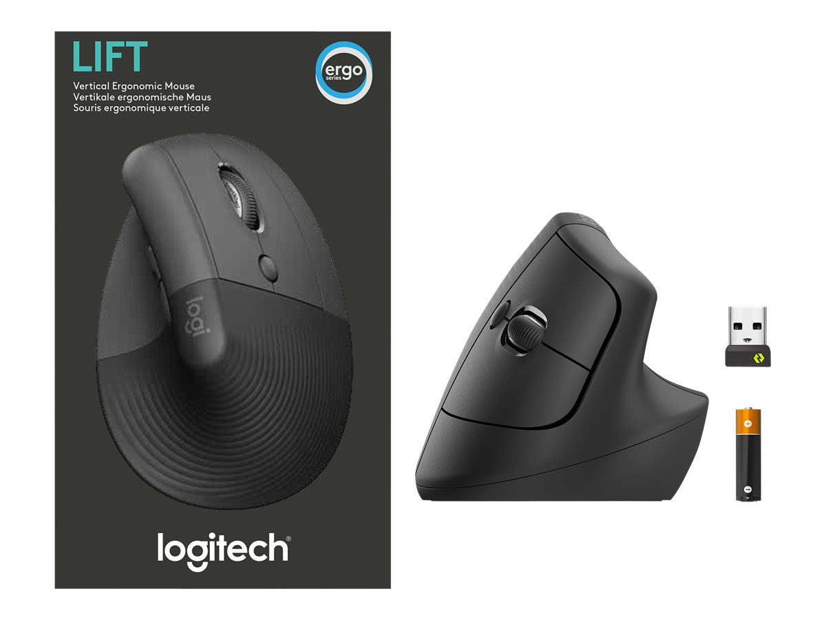 Logitech Lift Vertical Ergonomic Mouse - Ratón vertical - ergonómico - 6 botones - inalámbrico - 2.4 GHz, Bluetooth - receptor de USB Logitech Logi Bolt - grafito