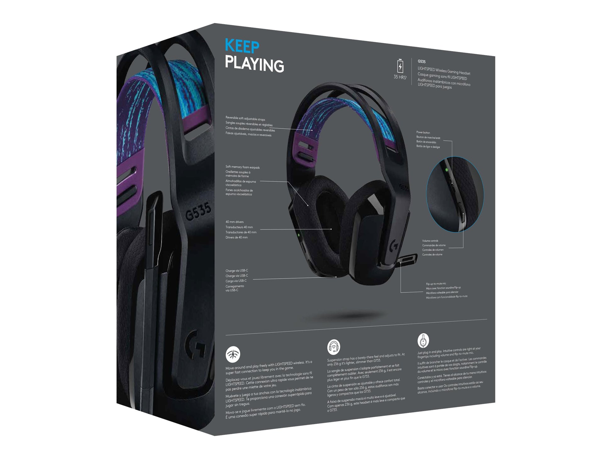 Logitech G535 LIGHTSPEED Wireless Gaming Headset - Lightweight on-ear headphones, flip to mute mic, stereo, compatible with PC, PS4, PS5, USB rechargeable - Black - Auricular - tamaño completo - LIGHTSPEED - inalámbrico - certificado Discord-6
