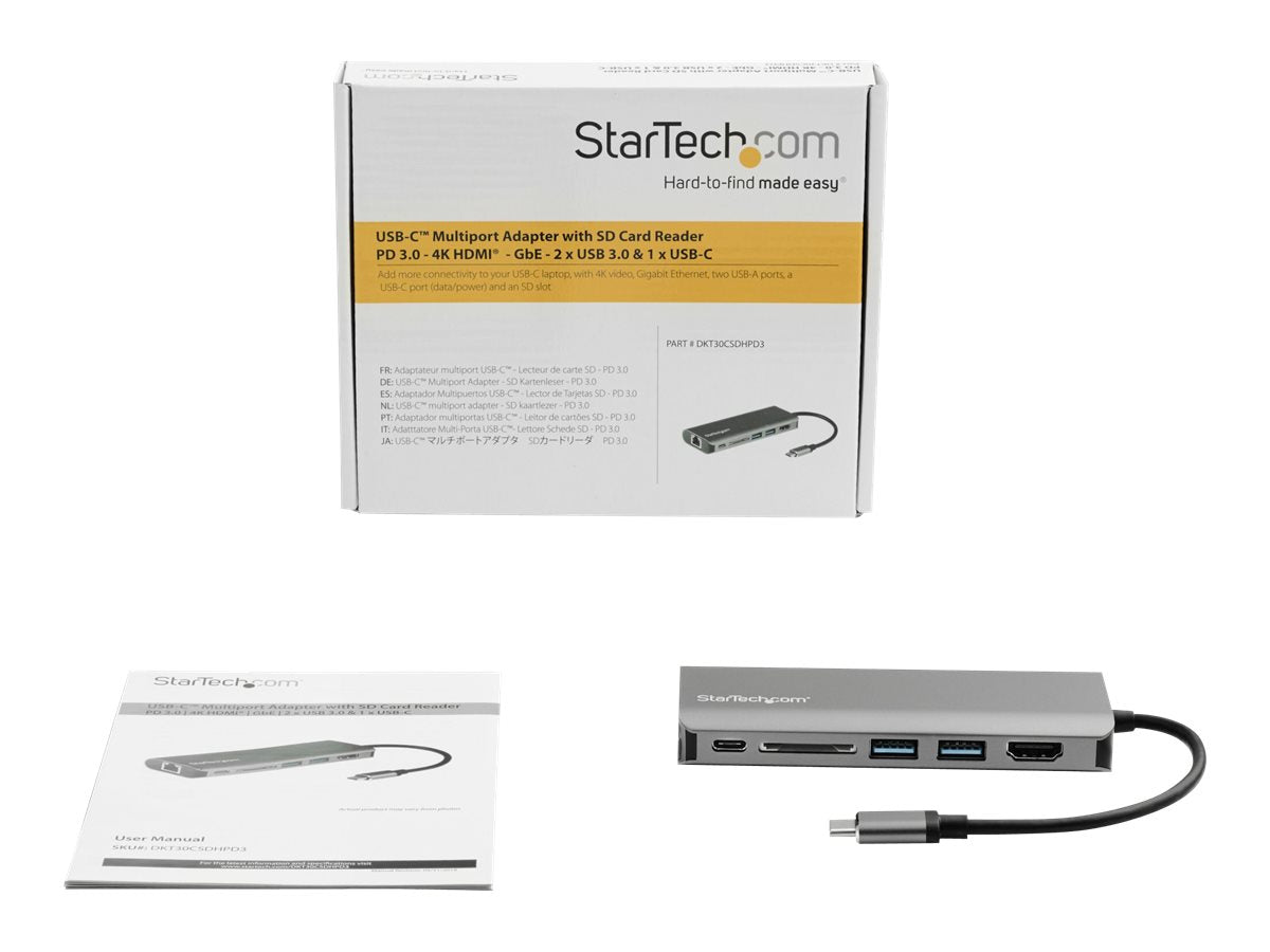 StarTech.com Adaptador Multipuertos con HDMI - 4K - Mac / Windows - Lector de Tarjetas SD - Hub USB C a USB 3.0 - 2x USB-A 1x USB-C PD 3.0 - Versión actualizada del DKT30CSDHPD (DKT30CSDHPD3) - Estación de conexión - USB-C - 1GbE - para P/N: ARMPIVOTE2, F-12