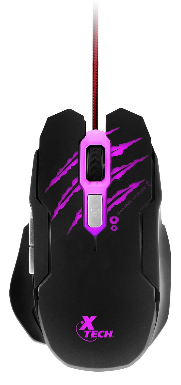 Mouse para Gaming Xtech XTM-610 Lethal Haze - Resolución ajustable de hasta 3200 ppp - Luces LED de 4 colores - Cable sin enredos - para juegos 3D de 6 botones - Sensor: Óptico - Botones: 6 - Iluminado: Sí - Longitud del cable: 5,2 pies, trenzado-1