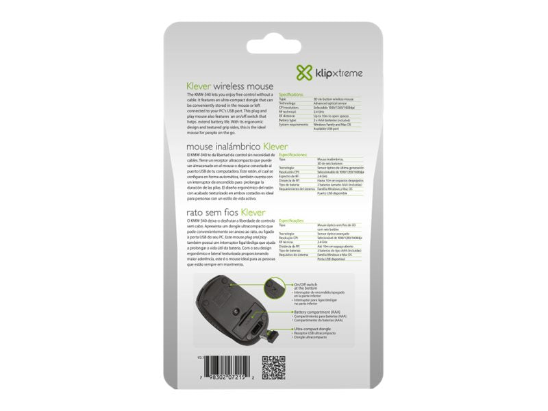 Klip Xtreme Klever KMW-340 - Ratón - óptico - 6 botones - inalámbrico - 2.4 GHz - receptor inalámbrico USB - negro-1