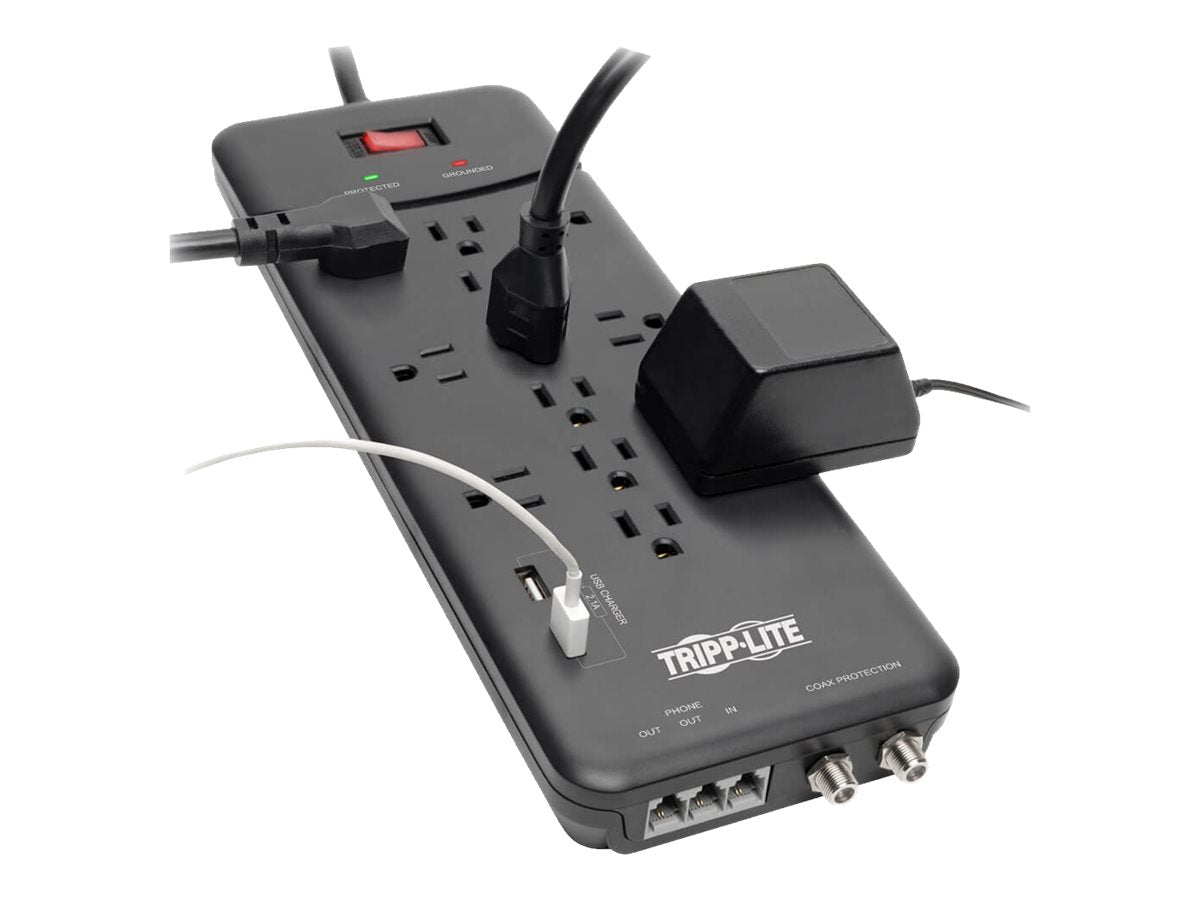 Eaton Tripp Lite Series 12-Outlet Surge Protector Power Strip 8 ft. Cord, 4320 Joules, Tel/Modem/Coax Protection, 2 USB Ports, Black - Protector contra sobretensiones - 15 A - CA 120 V - 1800 vatios - conectores de salida: 14 - 2.44 m cable - gris oscuro-7