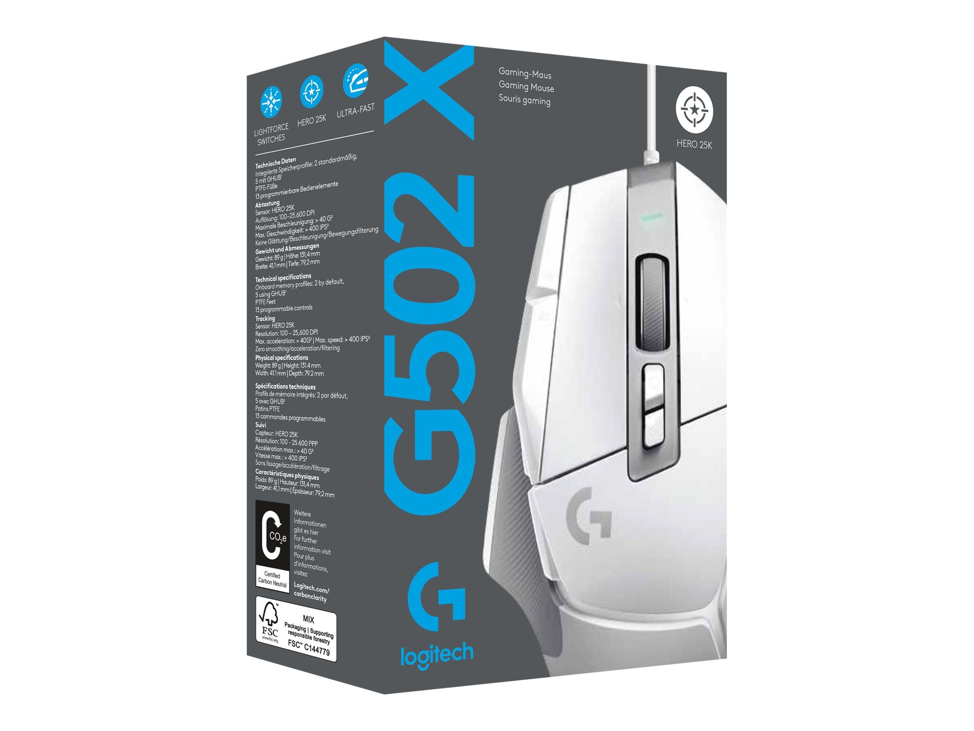 Logitech G502 X Wired Gaming Mouse - LIGHTFORCE hybrid optical-mechanical primary switches, HERO 25K gaming sensor, compatible with PC - macOS/Windows - White - Ratón - óptico - cableado - USB - blanco-11