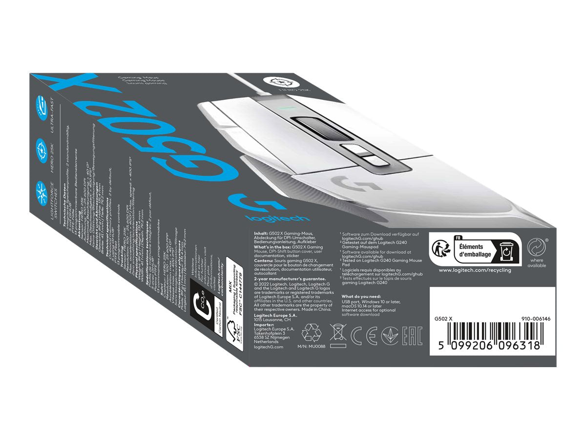 Logitech G502 X Wired Gaming Mouse - LIGHTFORCE hybrid optical-mechanical primary switches, HERO 25K gaming sensor, compatible with PC - macOS/Windows - White - Ratón - óptico - cableado - USB - blanco-12