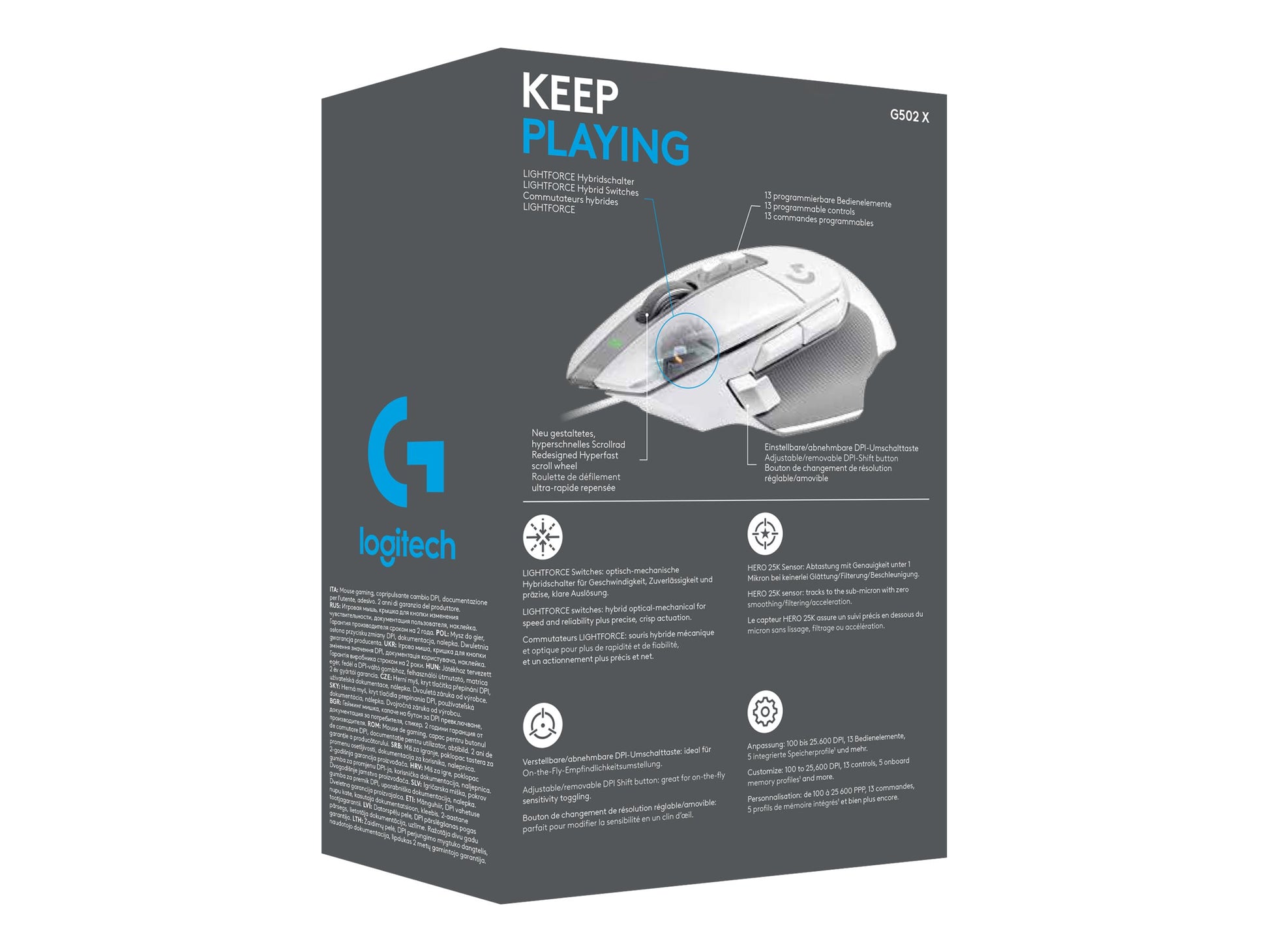 Logitech G502 X Wired Gaming Mouse - LIGHTFORCE hybrid optical-mechanical primary switches, HERO 25K gaming sensor, compatible with PC - macOS/Windows - White - Ratón - óptico - cableado - USB - blanco-18