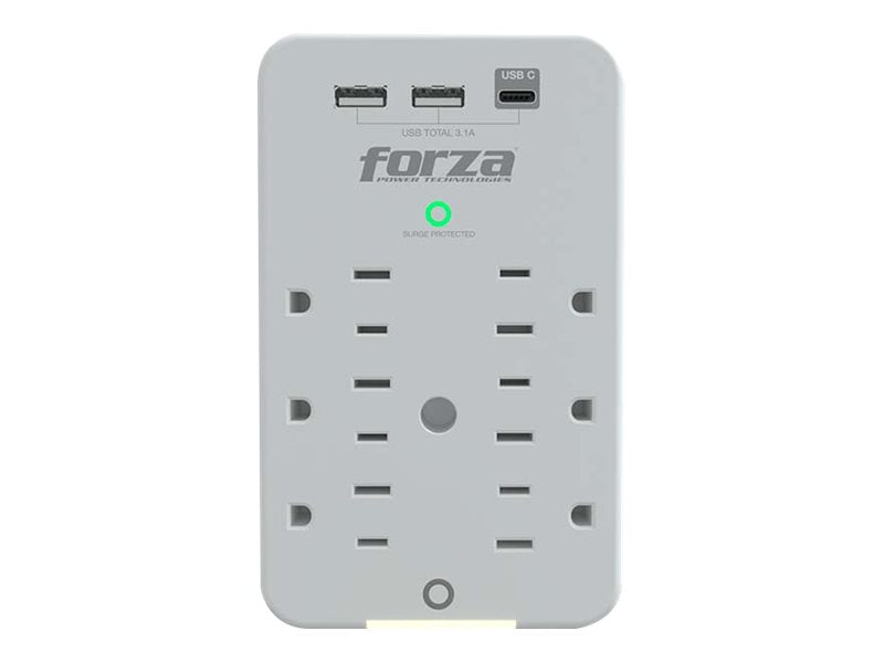 Forza FWT-631USBC - Protector contra sobretensiones (montaje en pared) - CA 125 V - 1875 vatios - conectores de salida: 6 - blanco