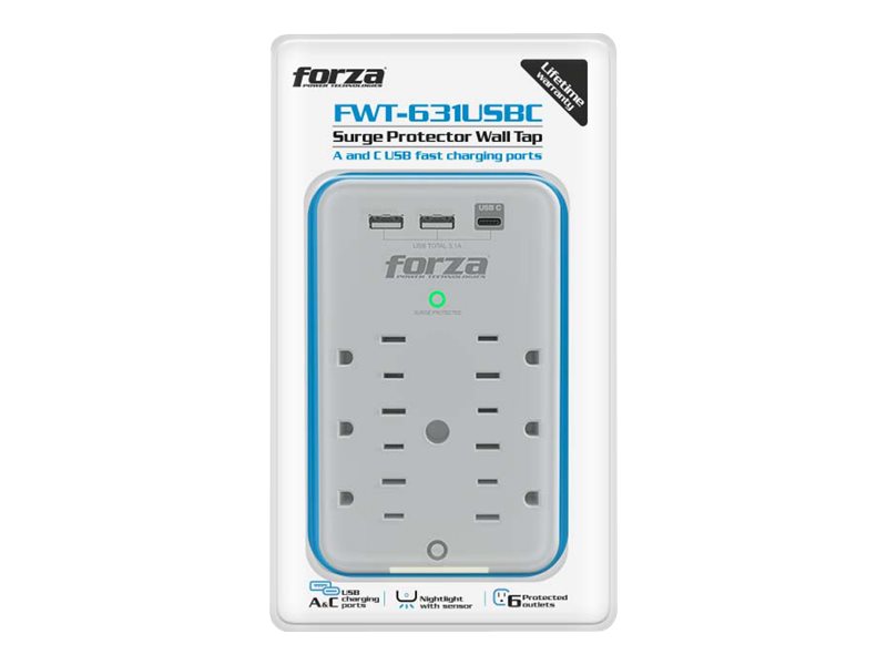 Forza FWT-631USBC - Protector contra sobretensiones (montaje en pared) - CA 125 V - 1875 vatios - conectores de salida: 6 - blanco-10