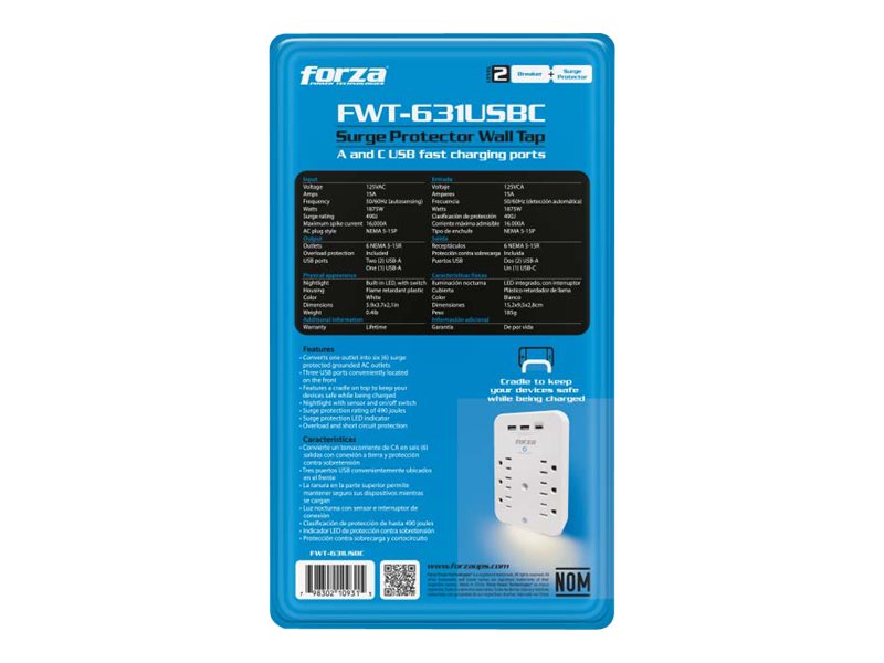 Forza FWT-631USBC - Protector contra sobretensiones (montaje en pared) - CA 125 V - 1875 vatios - conectores de salida: 6 - blanco-8