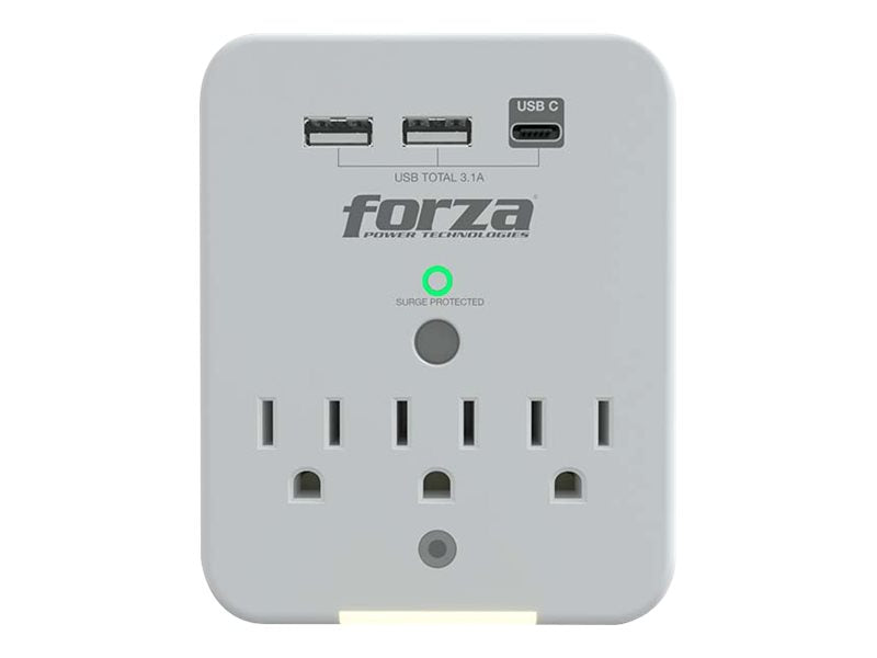 Forza FWT-331USBC - Protector contra sobretensiones (montaje en pared) - CA 125 V - 1875 vatios - conectores de salida: 3 - blanco-3