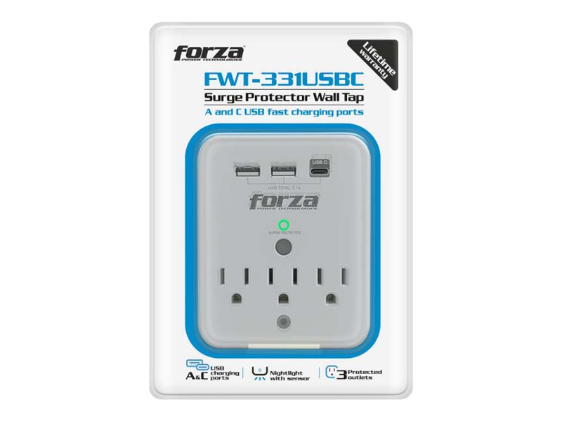 Forza FWT-331USBC - Protector contra sobretensiones (montaje en pared) - CA 125 V - 1875 vatios - conectores de salida: 3 - blanco-9