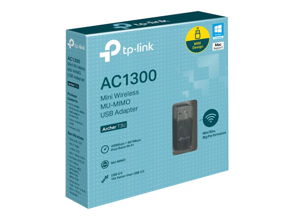 TP-Link Archer T3U - Adaptador de red - USB 3.0 - Wi-Fi 5 - Adaptador USB AC1300 Mini Wi-Fi Doble Banda - Velocidad 867 Mbps a 5 GHz + 400 Mbps a 2.4 GHz - USB 3.0 - MU-MIMO-8