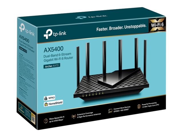 TP-LINK Archer AX73 - V1 - - enrutador inalámbrico - conmutador de 4 puertos - 1GbE - Wi-Fi 6 - Doble banda - hasta 5.4Gbps - Estructura 4T4R y HE160 en la banda 5GHz que permite una conexión ultrarrápida de 4.8 Gbps - 6 potentes antenas - Entrada USB 3.0