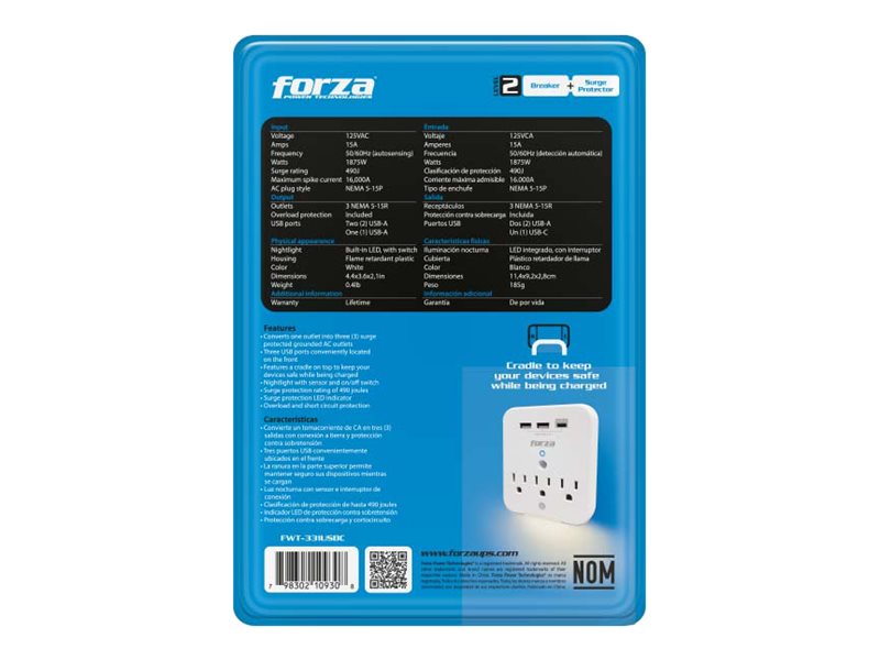Forza FWT-331USBC - Protector contra sobretensiones (montaje en pared) - CA 125 V - 1875 vatios - conectores de salida: 3 - blanco-5