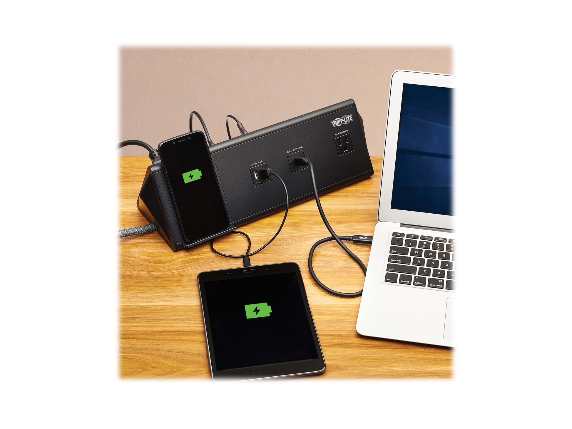 Eaton Tripp Lite Series Safe-IT 6-Port USB Charging Station - 2x USB-C 60W, 4x USB-A, 2x 5-15R, Wireless Charging, 1000 Joules, 10 ft. Cord, Antimicrobial Protection - Estación de carga - 12 A - CA 120 V - conectores de salida: 2 - negro-8