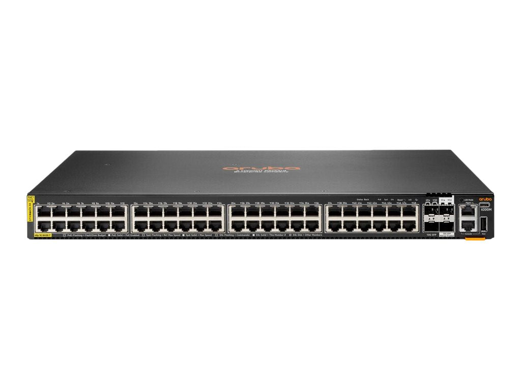 HPE Aruba 6200M 48G Class4 PoE 4SFP+ Switch - Conmutador - Distancia máx. de apilamiento de 10 km - L3 - Gestionado - 48 x 10/100/1000 (PoE+) + 4 x SFP+ de 1 Gigabit/10 Gigabits (enlace ascendente/apilamiento) - flujo de aire de delante hacia el lado - mo-3