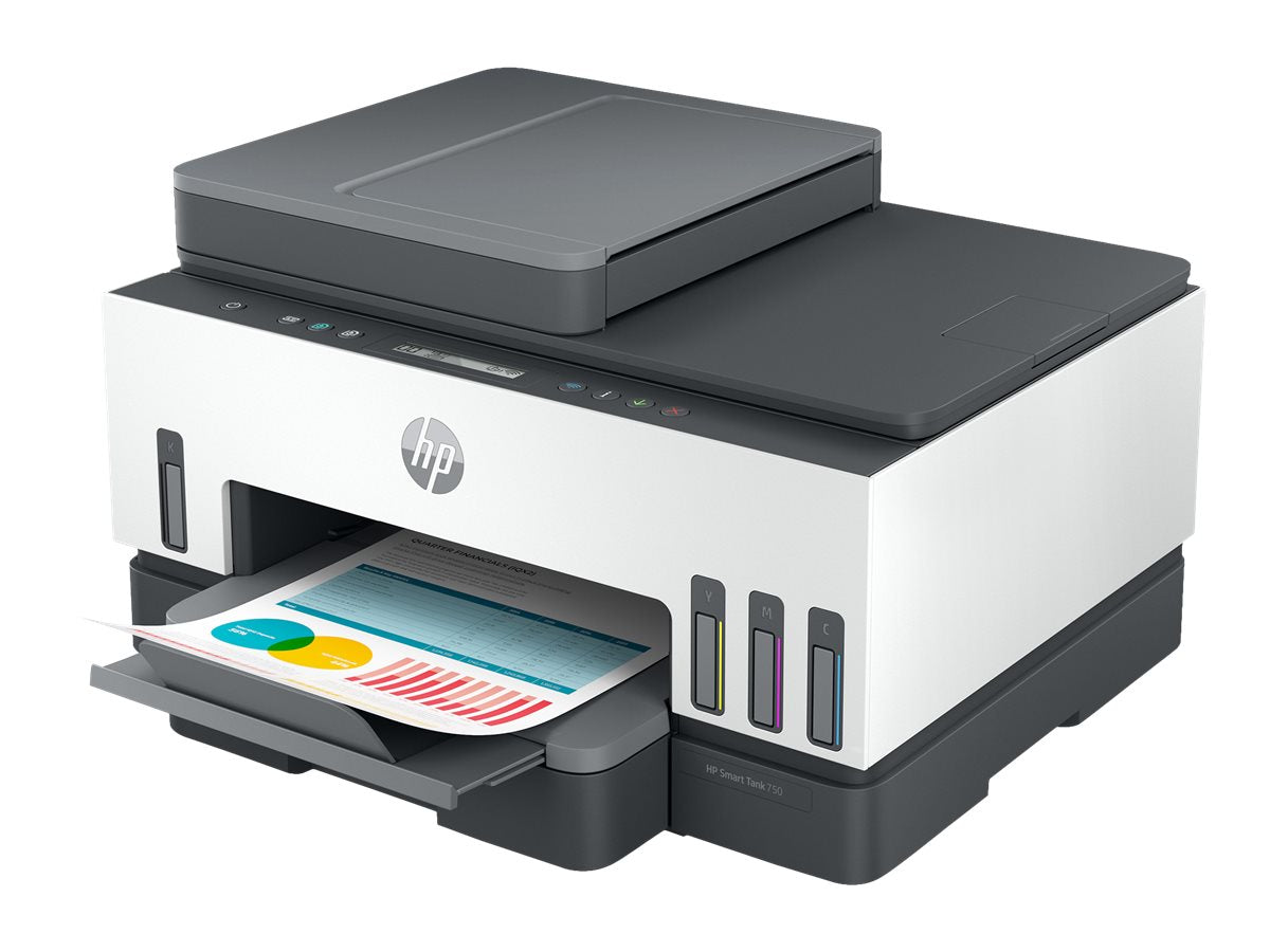 HP Smart Tank 750 All-in-One - Impresora multifunción - color - chorro de tinta - rellenable - Letter A (216 x 279 mm)/A4 (210 x 297 mm) (original) - A4/Legal (material) - hasta 13 ppm (copiando) - hasta 15 ppm (impresión) - 250 hojas - USB 2.0, LAN, Wi-F-6