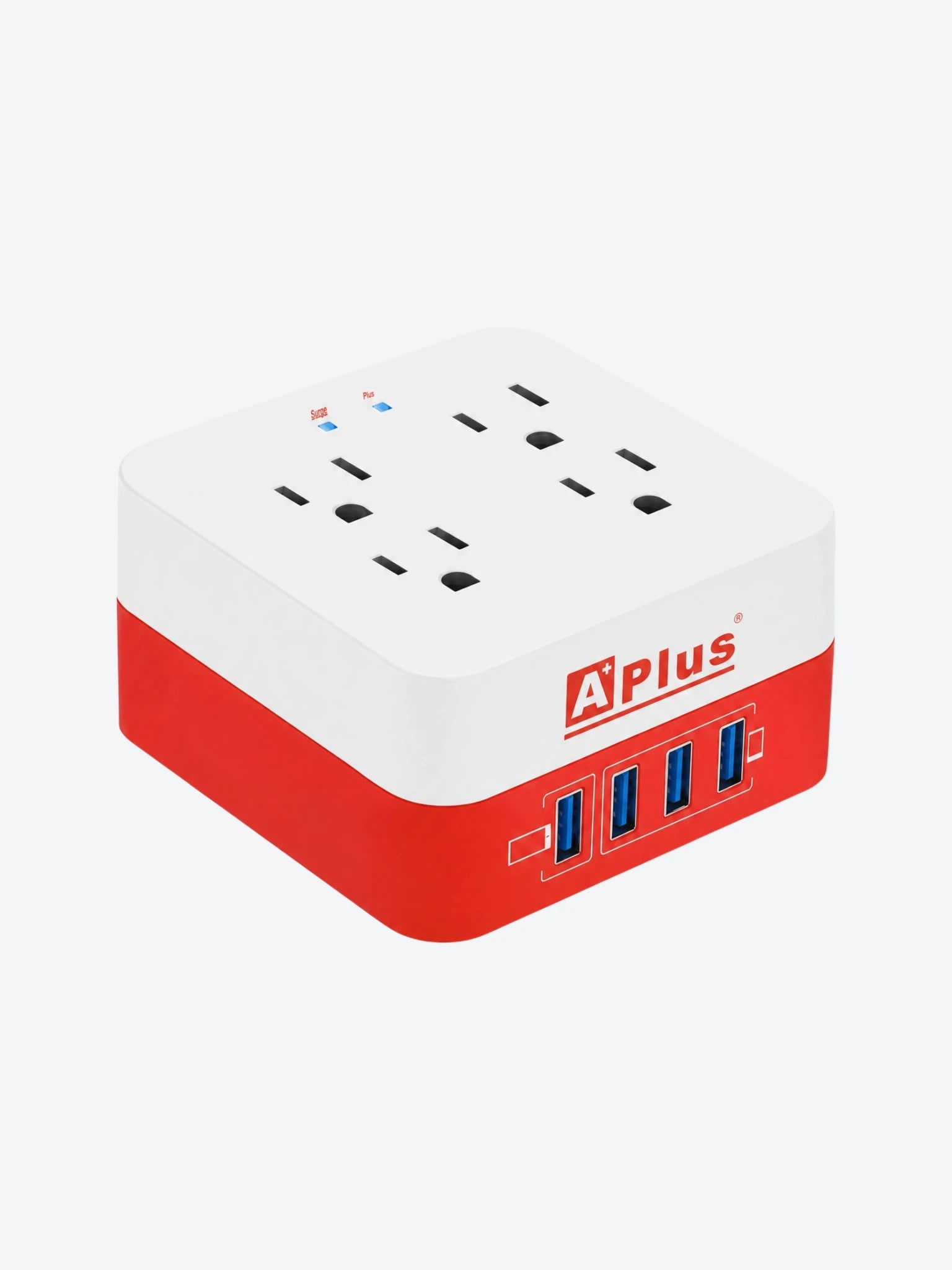 Protector de Sobretension APlus PlusExtend 8-10A-12M 10Amp 900 Joules 5V/2.4A 4 Tomas 4 Puertos USB 5VDC Color Blanco con Rojo