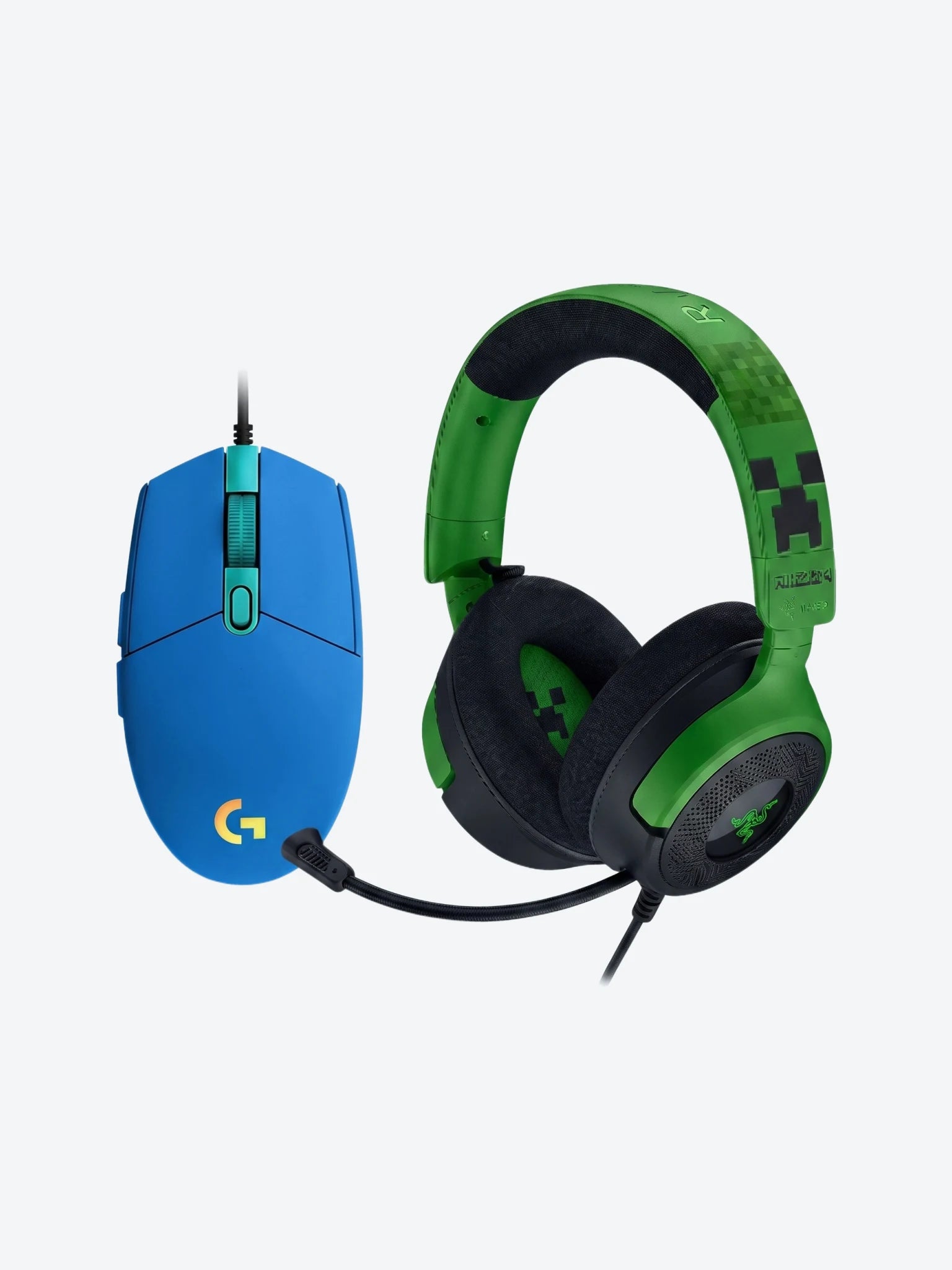 Combo de Headset Gaming Razer RZ04-05180200-R3M1 Kraken V4 X Wired Color Verde Minecraft con Mouse Gaming Logitech G203 910-005792 Lightsync Color Azul