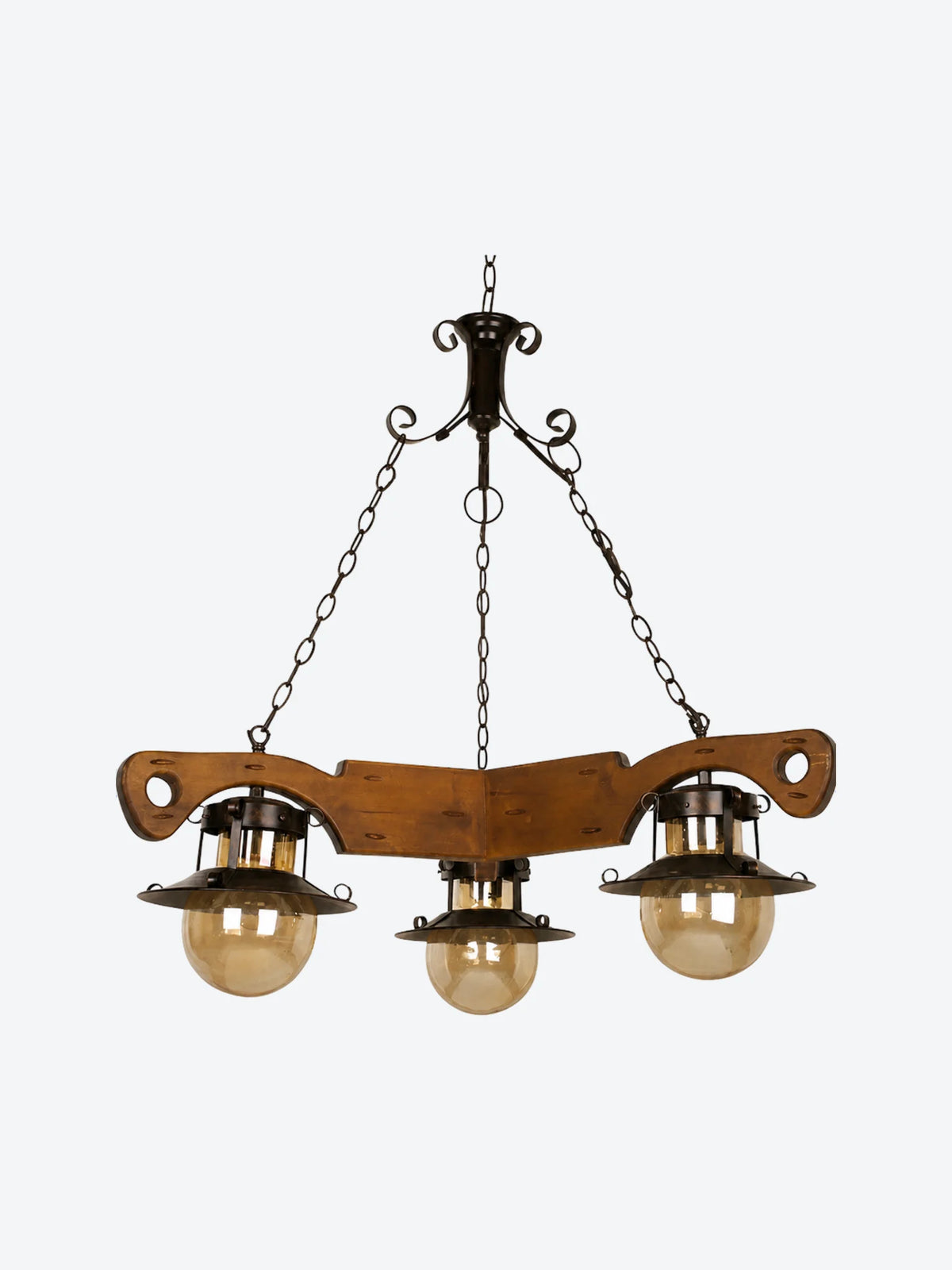 LAMPARA COLGANTE, 3 LUCES, MADERA CON VIDRIO AMBAR