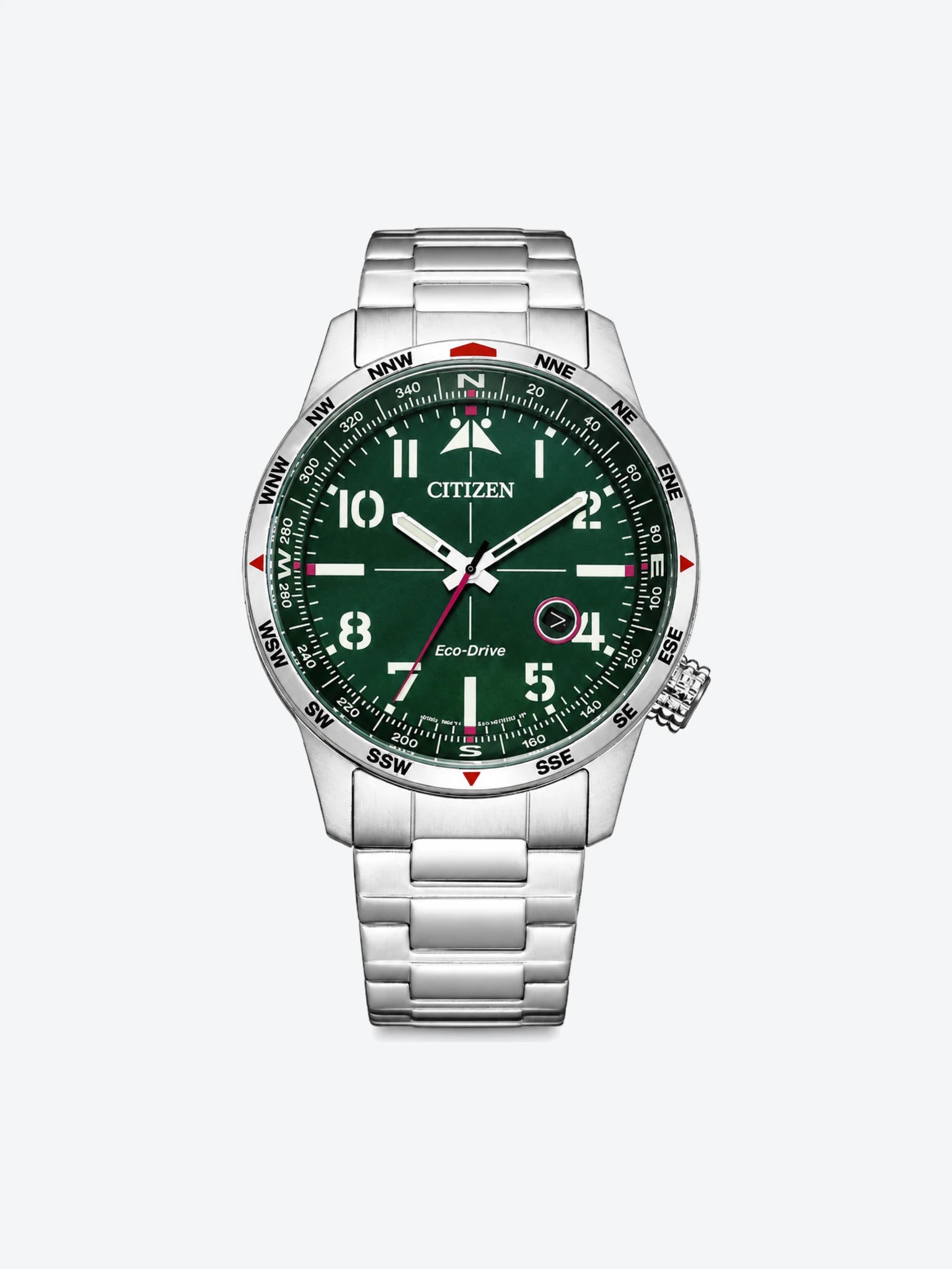Reloj de Pulsera Anlogo Tres Manecillas Brjula Manual con bisel Giratorio Interno y Fechador de Caballero esfera verde con Caja y Banda de Acero Inoxidable Plateado.-1