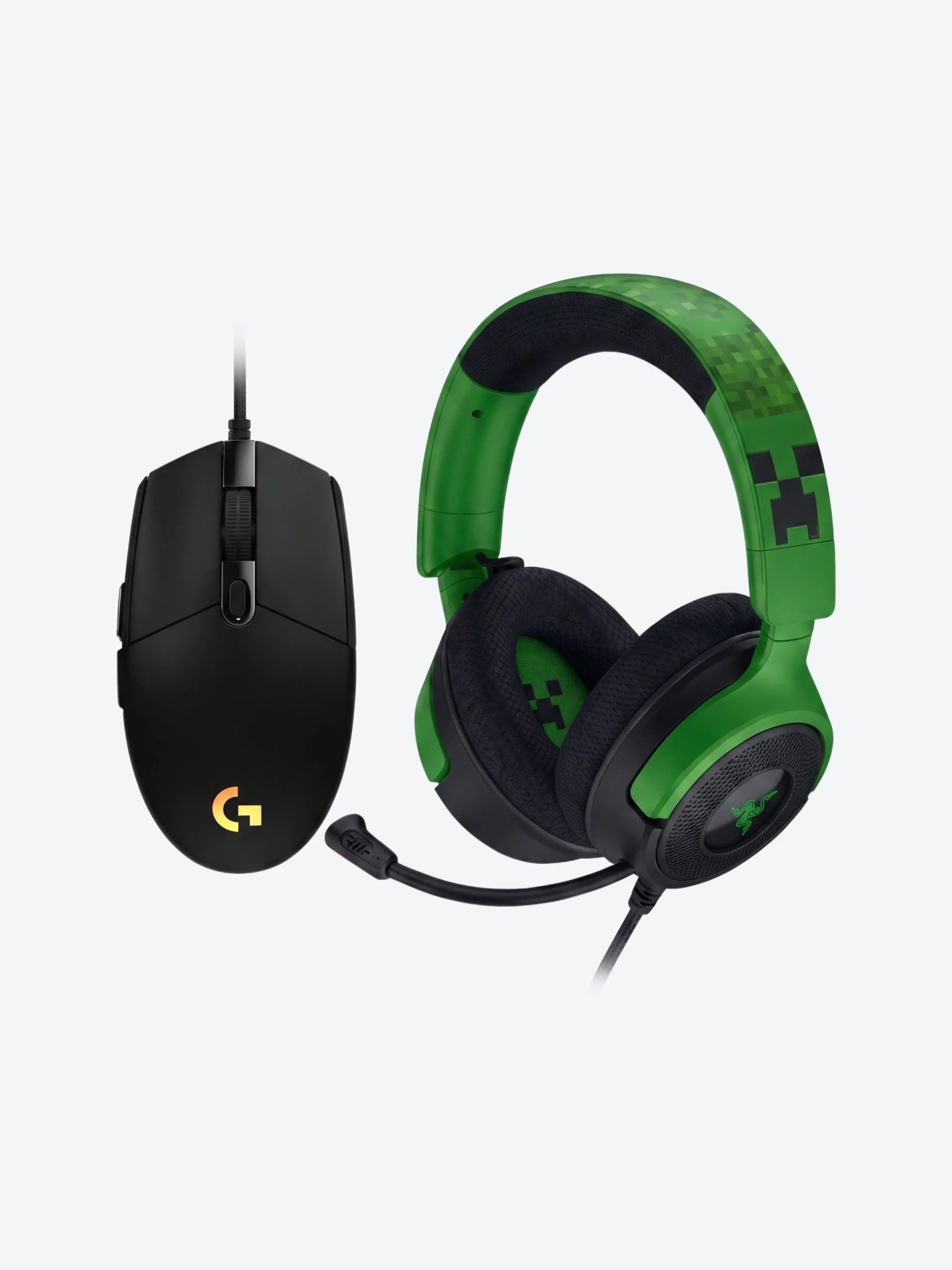 Combo de Headset Gaming Razer RZ04- 05180200- R3M1 Kraken V4 X Wired Color Verde Minecraft con Mouse Gaming Logitech G203 910-005790 Lightsync Color Negro