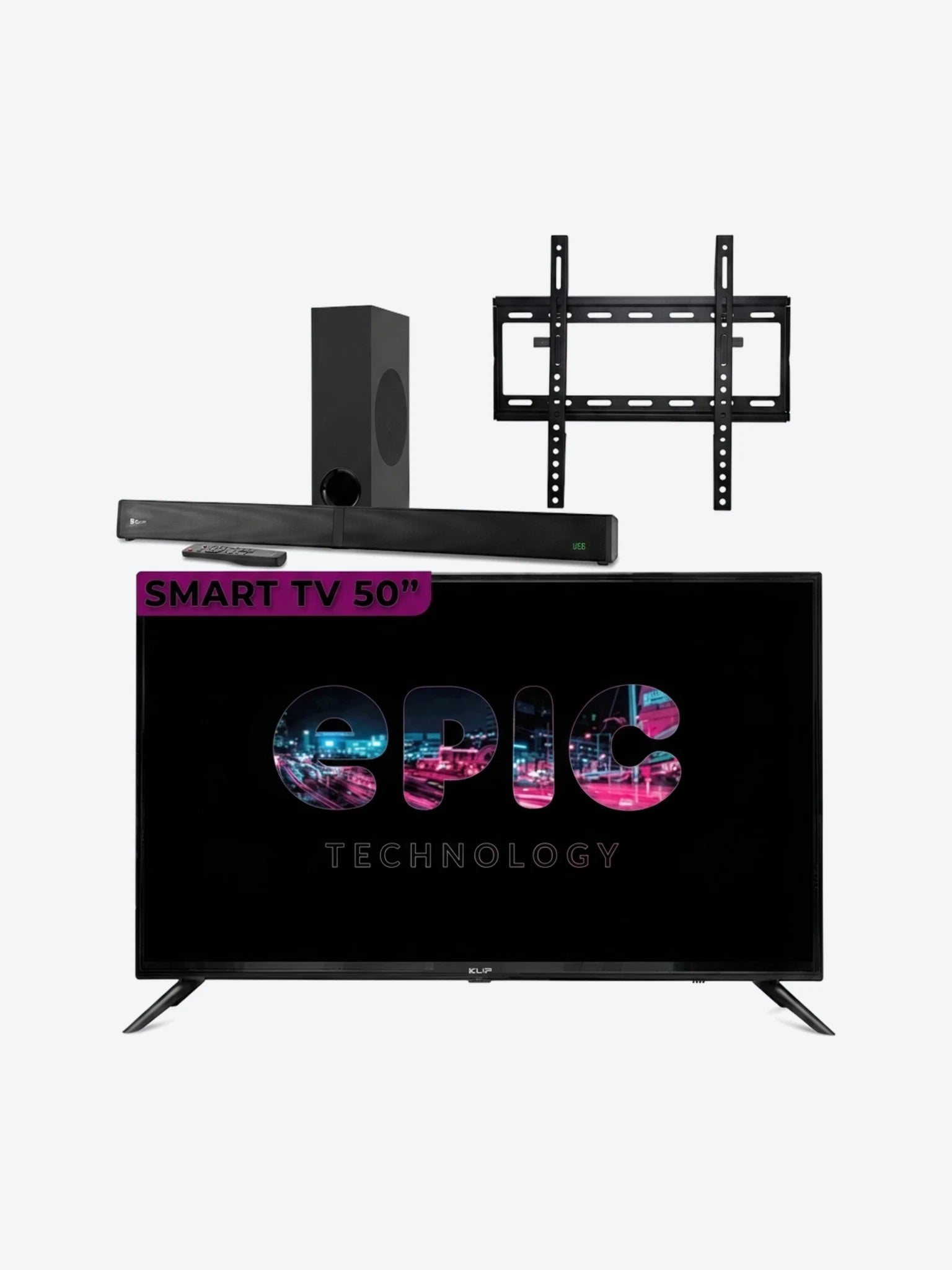 Combo de Sound Bar Klip Xtreme KSB-301 y Televisor Inteligente Epic EPIC50SMA 50" con Bracket (Base) Para TV Epic EPICV23-2