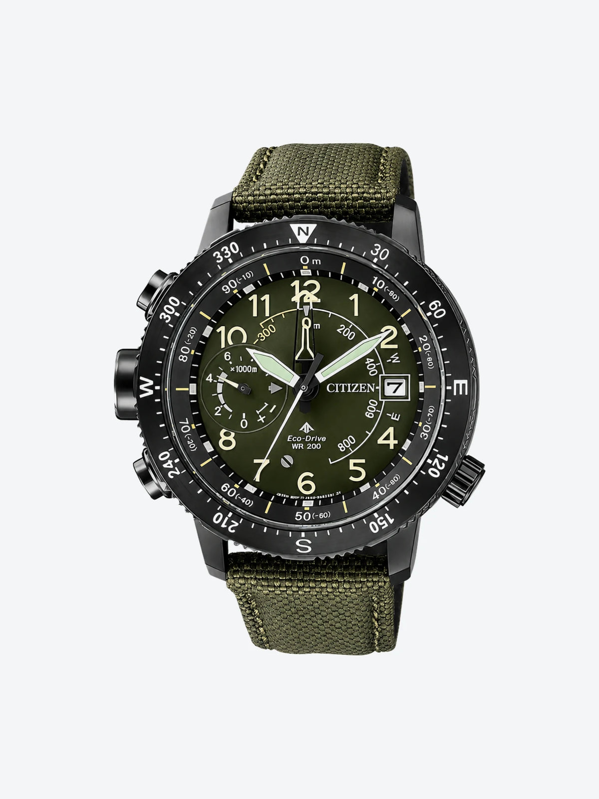 Reloj de Pulsera Analogo de Caballero esfera verde con Caja BIP de Acero Inoxidable y Banda de Nylon.