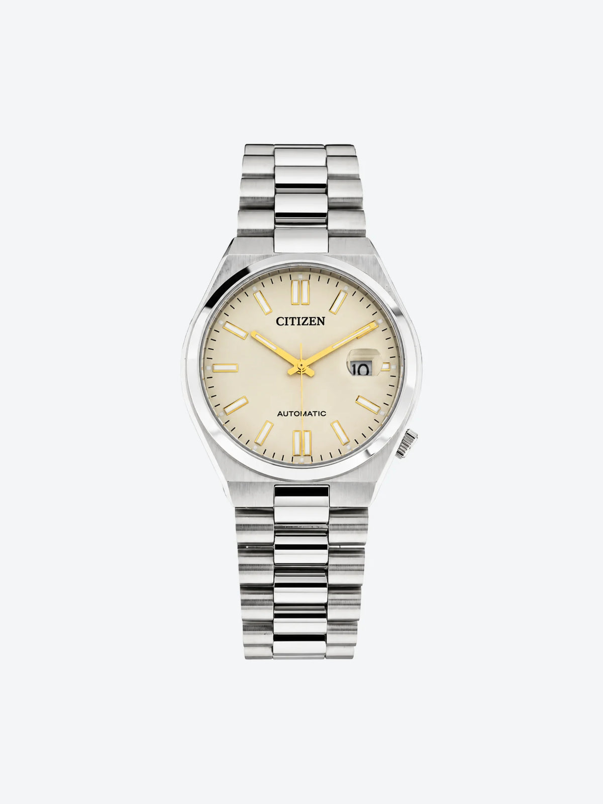 Reloj de Pulsera Automtico Tres Manecillas y Fechador de Caballero esfera avena con Caja y Banda de Acero Inoxidable Plateado.-1
