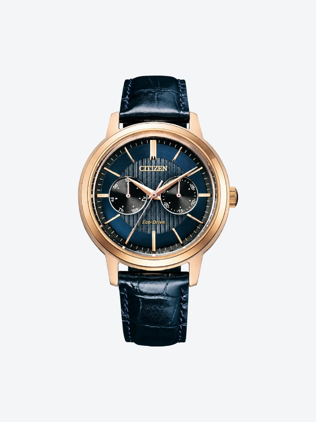 Reloj de Pulsera Anlogo Multimanecillas Indicador de advertencia de carga insuficiente Calendario y Fechador de Caballero esfera azul con Caja de Acero Inoxidable Oro Rosa y Banda de Cuero Azul Oscuro.