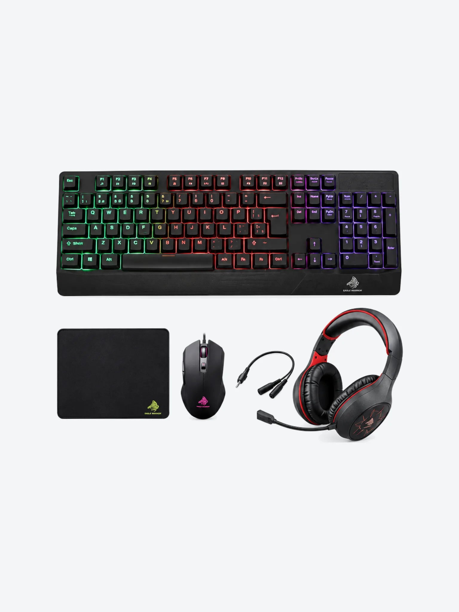 KIT GAMING  EAGLE WARRIOR RHINO 4 IN 1  TECLADO RAINBOW COLOR LETTER BACKLIGHT+ MOUSE + MOUSE PAD+ HEADSET + (KMB302+ MOM636+ FXX24182+ FHS3007)