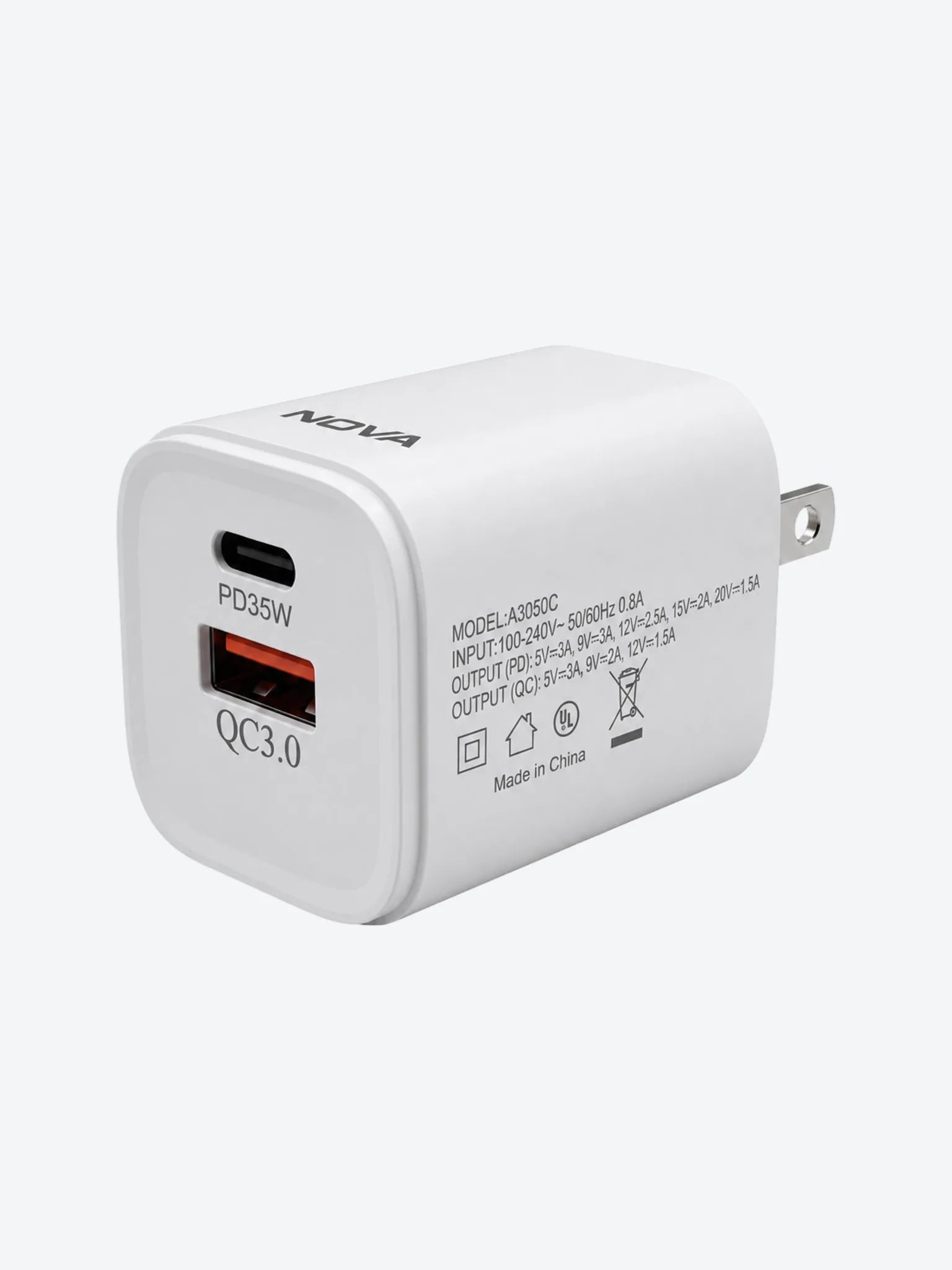 CARGADOR DE PARED NOVA PA035RBU001C 35W 1 PUERTO USB-C Y 1 PUERTO USB-A CARGA RAPIDA