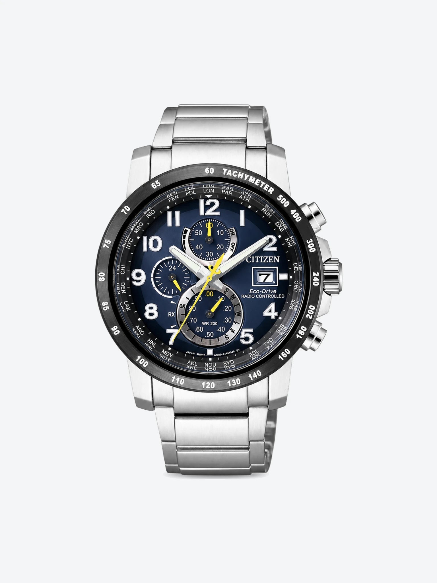 Reloj de Pulsera Analogo Cronografo de Caballero Plateado esfera azul con Caja y Banda de Acero Inoxidable