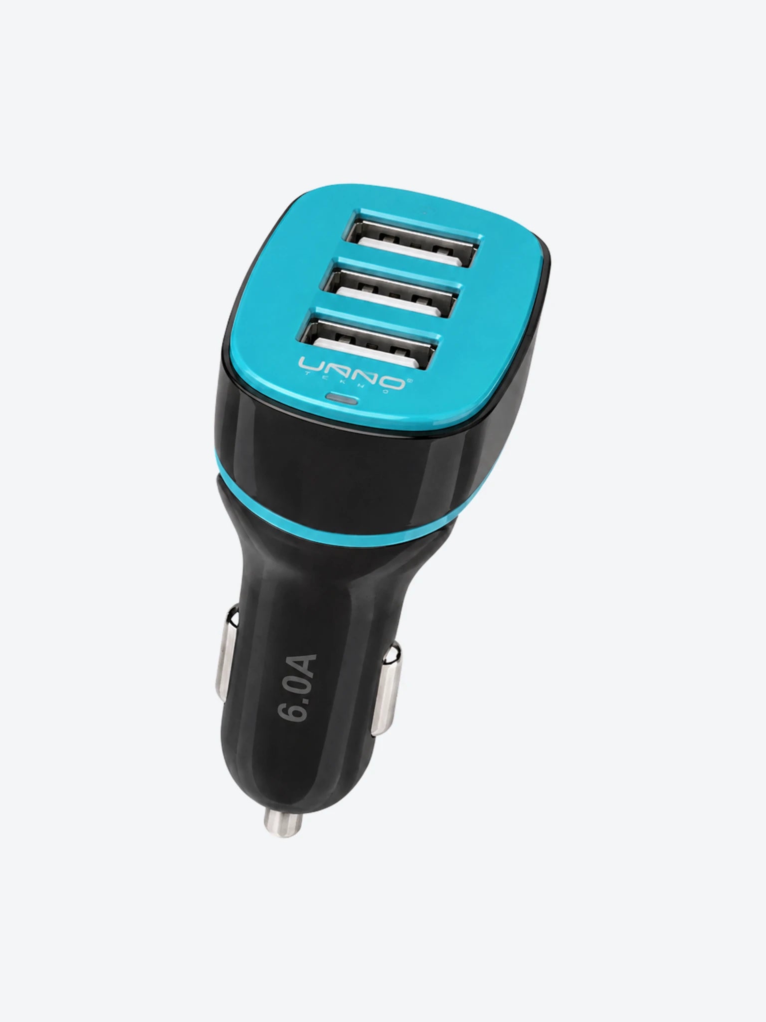 Cargador Unno Tekno PW5022BK para Carro Triple USB-A 6.0A Negro/Celeste