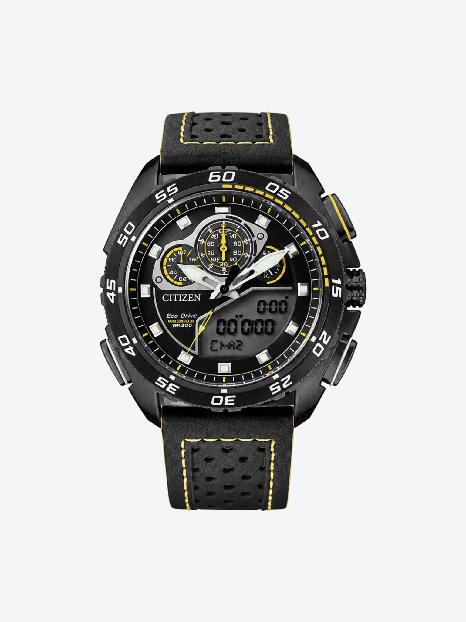 Reloj de Pulsera Anlogo Crongrafo Digital de Caballero esfera negra con Caja de Acero Inoxidable BIP y Banda de Cuero negro.-1