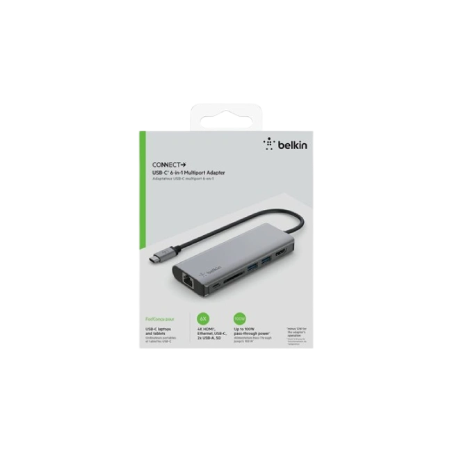 Belkin CONNECT 6-in-1 Multiport Hub - Estación de conexión - USB-C - 1GbE-1
