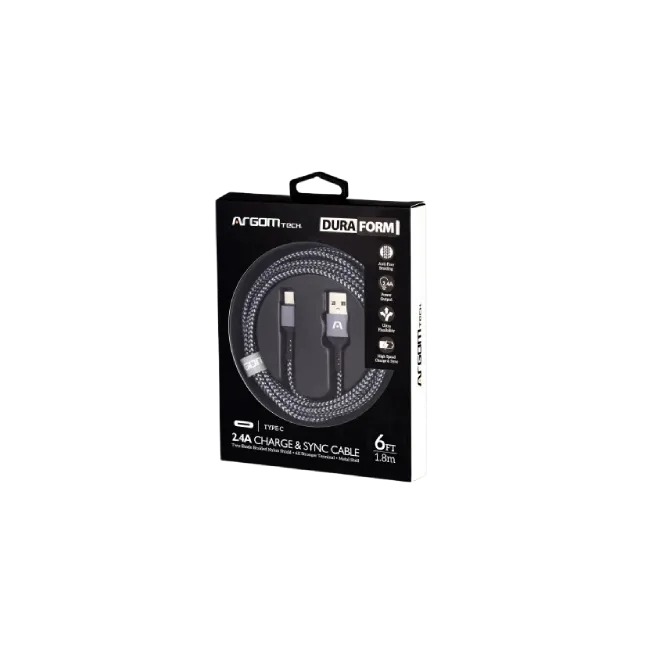 Cable Argom ARG-CB-0025BK Dura Form Tipo C a USB 2.0 Nylon Braided 1.8mts Color Negro