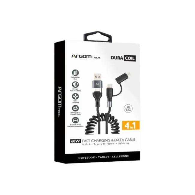 CABLE ARGOM CARGA RAPIDA 4 EN 1 DE 60W DURA COIL DE 1.5 M/6FT NEGRO-4