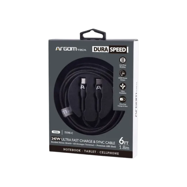 CABLE ARGOM DE CARGA ULTRARRÁPIDA DURASPEED TIPO C A C DE 240W 1.8M/6FT NEGRO