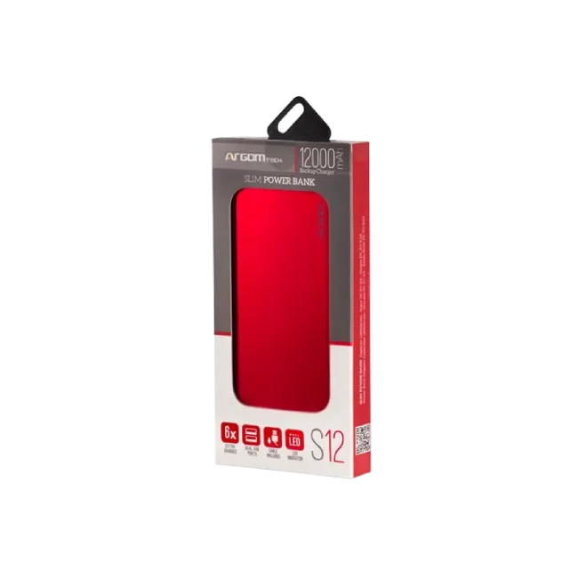 Cargador Portatil Argom ARG-PB-1150RD S12 Delgado de Aluminio 12000 MAH Entrada Doble Micro USB / T Color Rojo-2