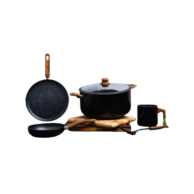 Bateria de Cocina Picca Catania 6 piezas Color Negro con Efectos Stone Plateado