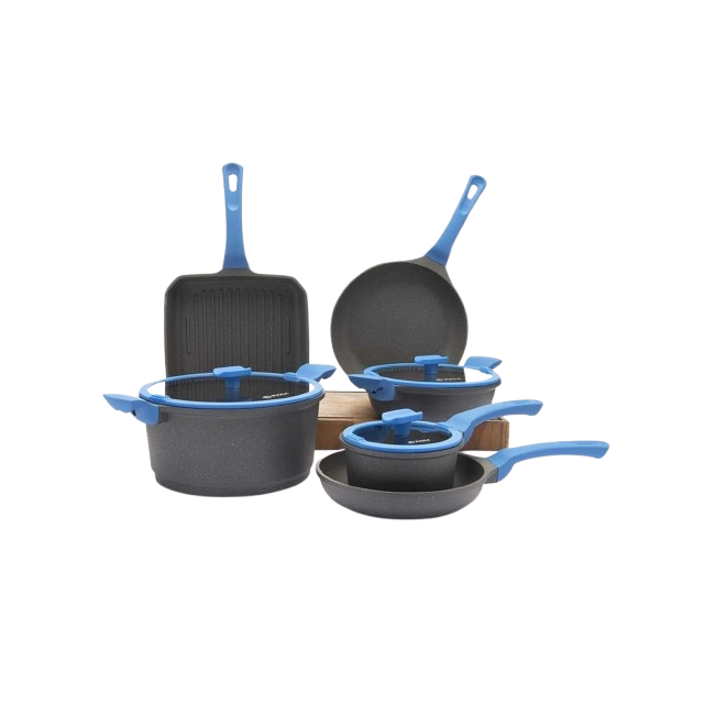Bateria De Cocina Bellagio De 9 Piezas PI009BMC Color Gris Con Efecto Stone Celeste