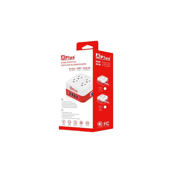 Protector de Sobretension APlus PlusExtend 8-10A-12M 10Amp 900 Joules 5V/2.4A 4 Tomas 4 Puertos USB 5VDC Color Blanco con Rojo-2