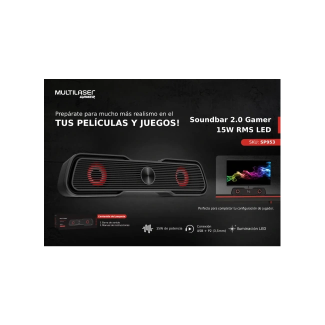 BARRA DE SONIDO  2.0 15W CONEXIÓN USB Y JACK3.1 ILUMINACION LED  RGB - SP953-4